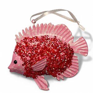 Pink Bloat Fish Metal Ornament Bead Sequins Nautical Tropical Ocean Water